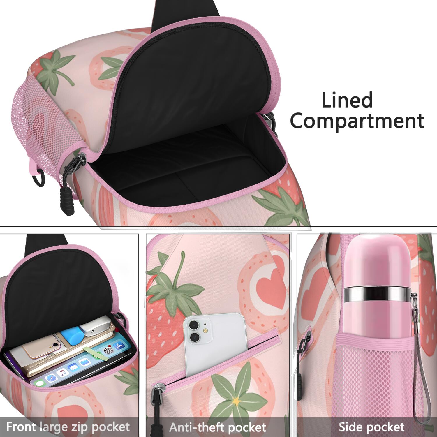 Crossbody Sling Bag Strawberry Cute Hiking Sling Backpack Travel Bag Hiking Bag for Men Women