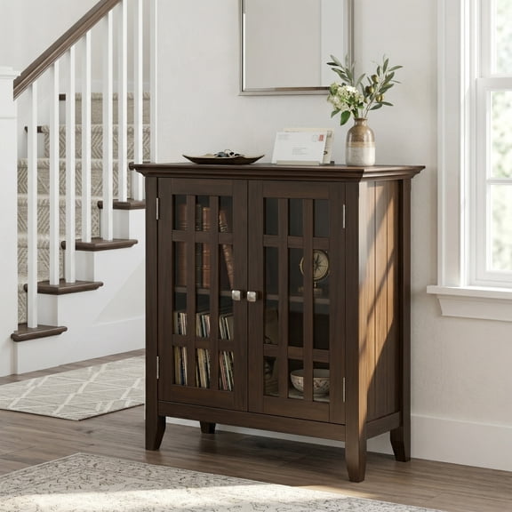 Simpli Home Bedford 32 inch Wide Solid Wood Transitional Low Storage Media Cabinet in Dark Tobacco Brown