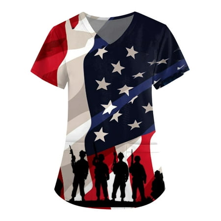 

XHJUN Womens Scrub Tops Clearance Sale Working Uniform Scrub Tops with Pockets V-Neck Short Sleeve Loose American Flag Graphic Shirts Black L