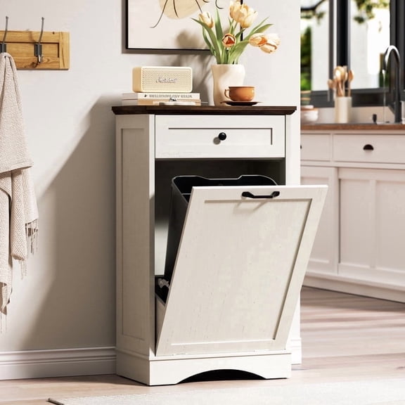 AHB 13 Gallon Tilt Out Kitchen Trash Cabinet with Drawer, Single Trash Can Storage Organizer, 20.9"L x 13.55"W x 38.5"H , White