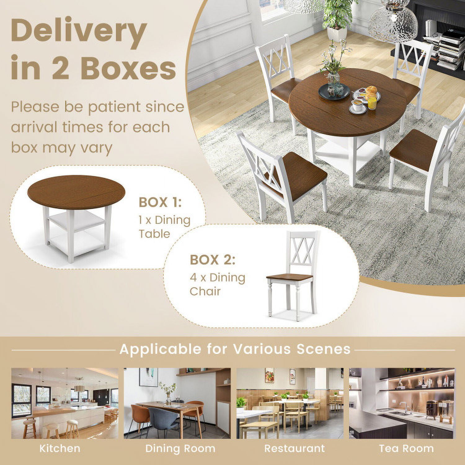 Finihen Dining Set, Dining Table Set, 5 Piece Round Kitchen Dining Set with Drop Leaf Table Top, for Home, Restaurant, Walnut & White Finihen Dining Set, Dining Table Set, 5 Piece Round Kitchen Dining Set with Drop Leaf Table Top, for Home, Restaurant, Walnut & White