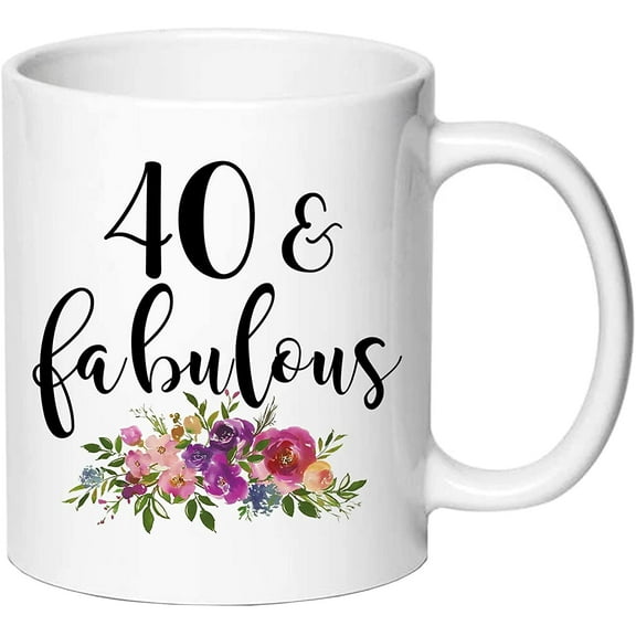 40th Birthday Gifts for Women - 40 and Fabulous Gifts for Women - White Novelty Coffee Mug Tea Cup, Funny Purple Floral Coffee Mugs Gift Ideas