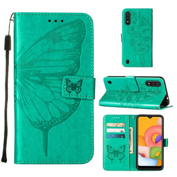 Galaxy A01 Wallet Case, Embossed Butterfly PU Leather Credit Card Holder Slots Full Body Protection Kickstand Flip Folio Shockproof TPU Phone Cover for Samsung Galaxy A01,Green