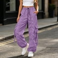 thumbnail image 4 of Venzia Women Drawstring Cargo Jogger Pants Loose Wide Leg Streetwear Trousers, 4 of 6