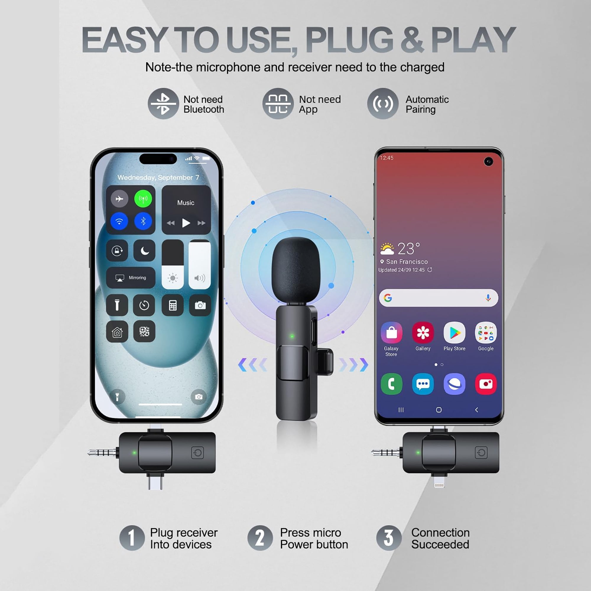 3-in-1 Wireless Lavalier Microphone Compatible for iPhone, Android, PC & Camera, Plug & Play Clip-on Mic with Clear Sound for Gaming, Live Streaming,Youtube,Tiktok & Recording