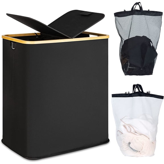 Laundry Hamper with Lid, Double Laundry Hamper with 2 Removable Bags, 2 Section Laundry Basket with Bamboo Handles for Bathroom, Bedroom & Laundry Room, 140L (36.9 Gallon) Black