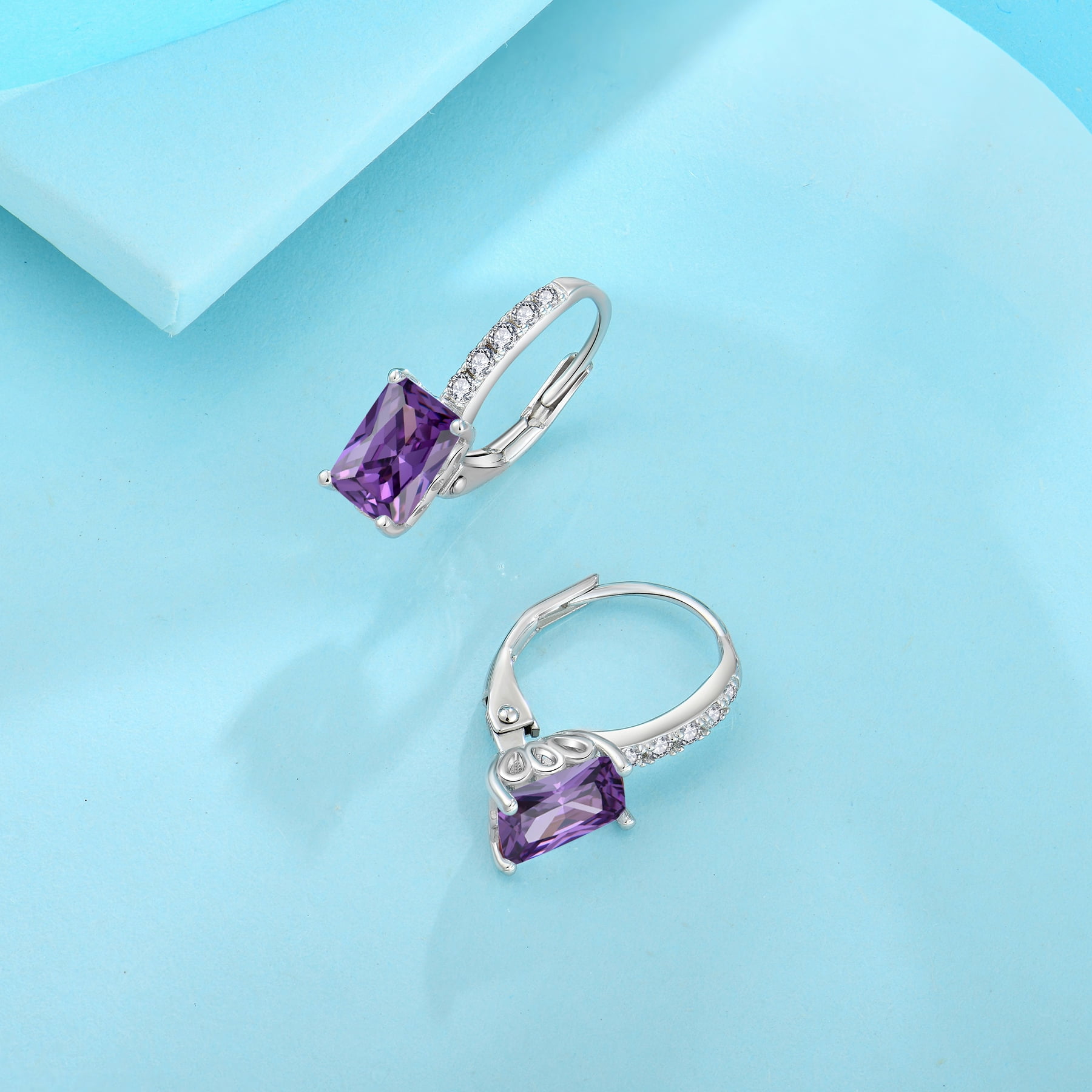 FJ Princess Cut Dangle Drop Earrings 925 Sterling Silver Square Leverback Earrings February Birthstone Amethyst Jewelry Gifts for Women