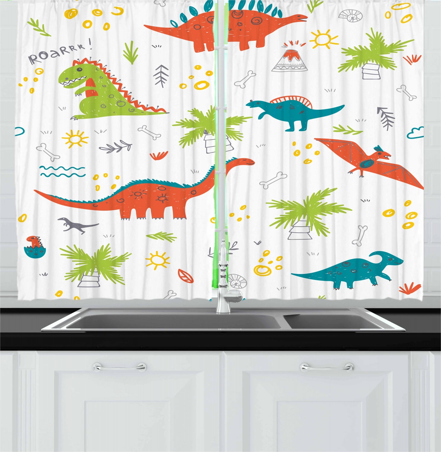 Kids Boys Curtains 2 Panels Set, Prehistoric Nature Doodle with Dinosaurs Volcano Palm Trees Hand Drawn Wildlife, Window Drapes for Living Room Bedroom, 55W X 39L Inches, Multicolor, by Ambesonne