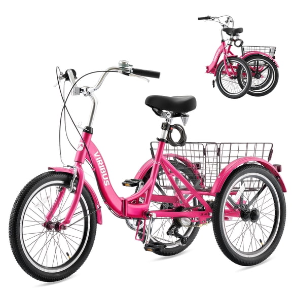Viribus Tricycle Pliant pour Adulte 20 Pouces Tricycle Pliant à 7 Vitesses pour Adultes Rose Vif
