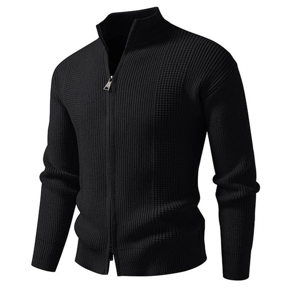GuzomFashion Mens Winter Coats Mens Full Zip Black Cardigan 100% Polyester - Waffle Knit, Stand Up Collar, Ribbed Hem/Cuffs, Soft Tailored Fit for Casual/Office/Transitional Weather,Size XL