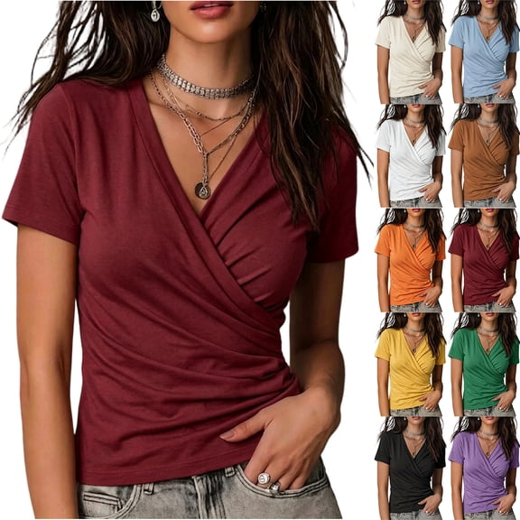 Short Sleeve Casual Solid Color Blouse Women V Neck Wrap Ruched Slim Fit T Shirt XL