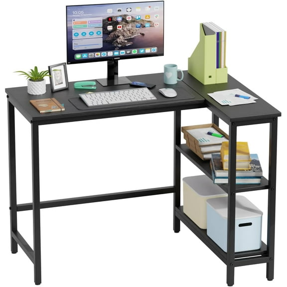 39 Inch L-Shaped Computer Gaming Desk with Durable Metal Frame,Corner table with Reversible Storage Shelves for Home Office Gaming Study for Adult Teen, Black