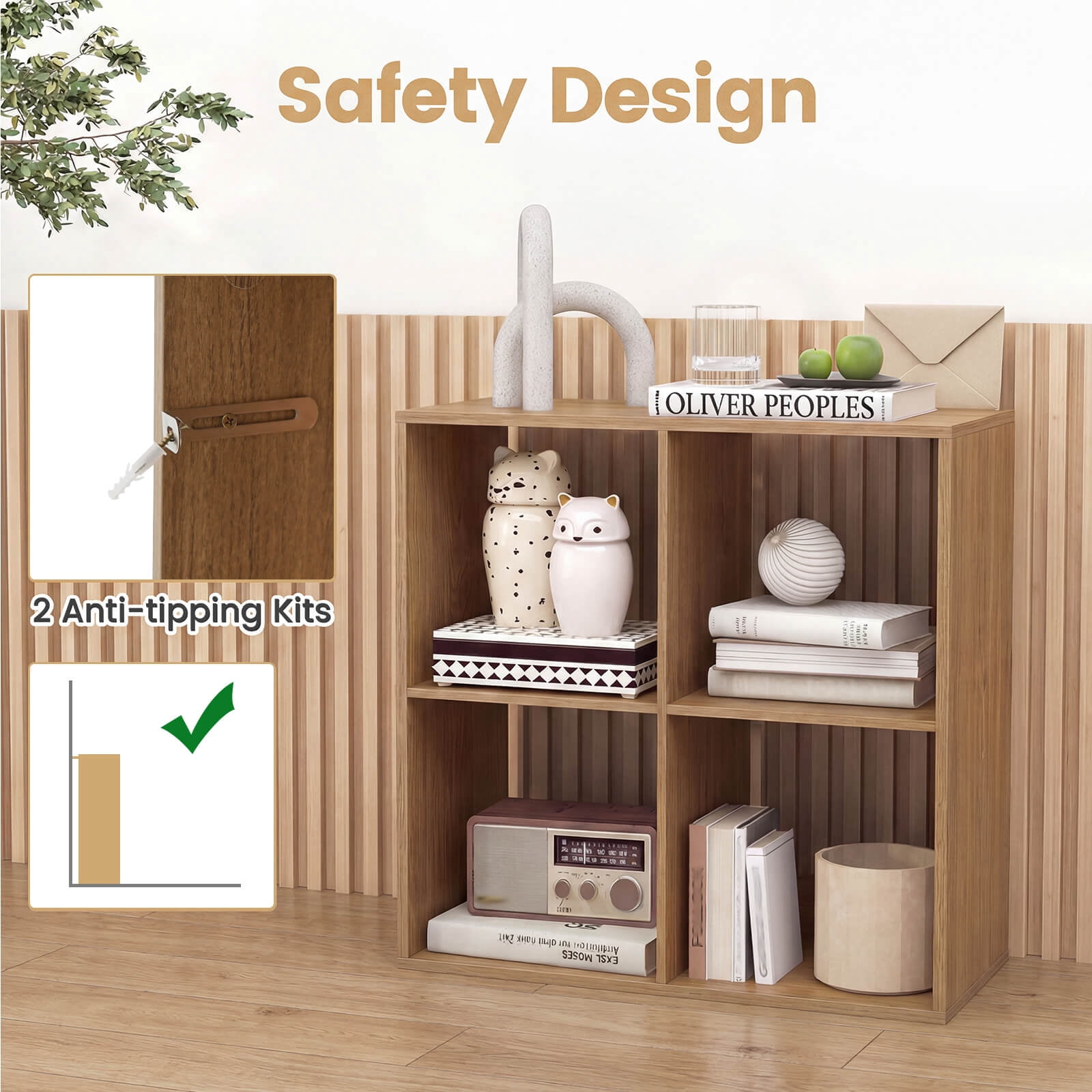 Costway 4-Cube Bookshelf, Modern Cubby Bookcase with Back Guardrail & Anti-tipping Kits Natural
