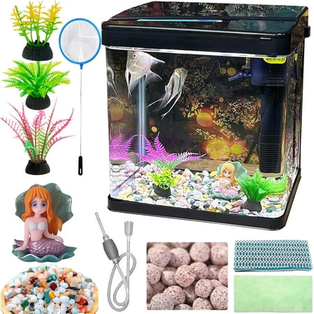 Glass Fish Tank 4.35 Gallon Aquarium Starter Kit Small Betta Fish Tank Desktop Mini Fish Bowl for Shrimp Small Fish with Pump LED Light Simulated Water Plants and Filtering Materials
