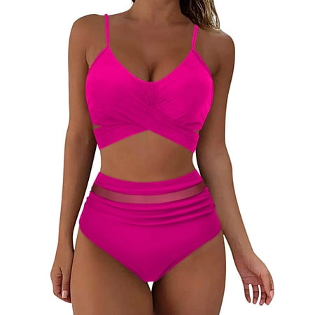 SMihono Deals 2024 Women s Two Piece Swimsuit High Waisted Bathing Suits Tummy Control Swimwear Criss Cross Strappy Tankini Set Padded Push Up Bikini Hot Pink 8