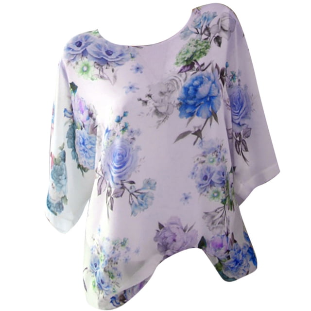 Flywake T-shirt Décontracté Grande Taille pour Femmes Imprimé Floral Col Rond Manches Courtes Tunique Ample Confortable Tops d'Été