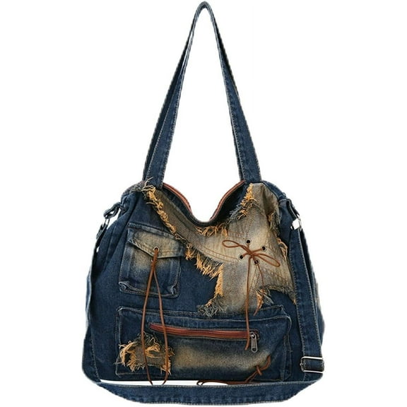 Denim Crossbody Bag for Women Large Capacity Shoulder Bag Casual Tote Bag Lightweight Satchel Bag Retro Handbag