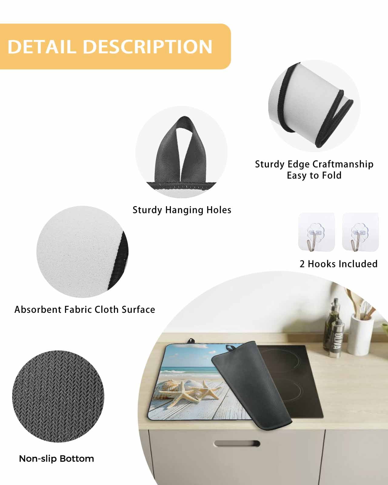 nqOlkjepod Large Induction Cooktop Protector Mat 36"x21", Summer Beach Stove Top Covers for Electric Stove, Ocean Coastal Starfish Seashells Blue Sky Stove Burner Cover Mats, Glass Top Stove Cover
