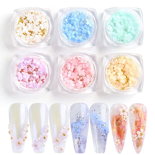 Apuakthei 6 cajas de abalorios dorados para decoración de uñas, calcomanías con purpurina para uñas, suministros para decoración de uñas en 3D con flores blancas, diseño mixto, accesorios para uñas