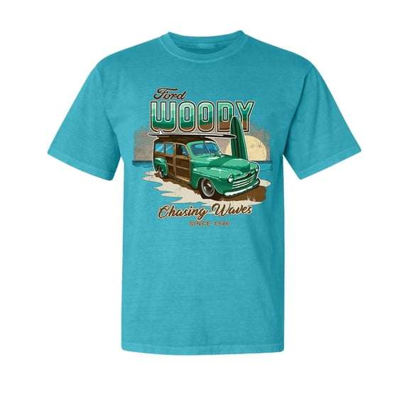 Wild Bobby, Chasing Waves Since 1946, Cars and Trucks, Garment-Dyed Washed Look Short Sleeve Tees, Blue Lagoon, Small