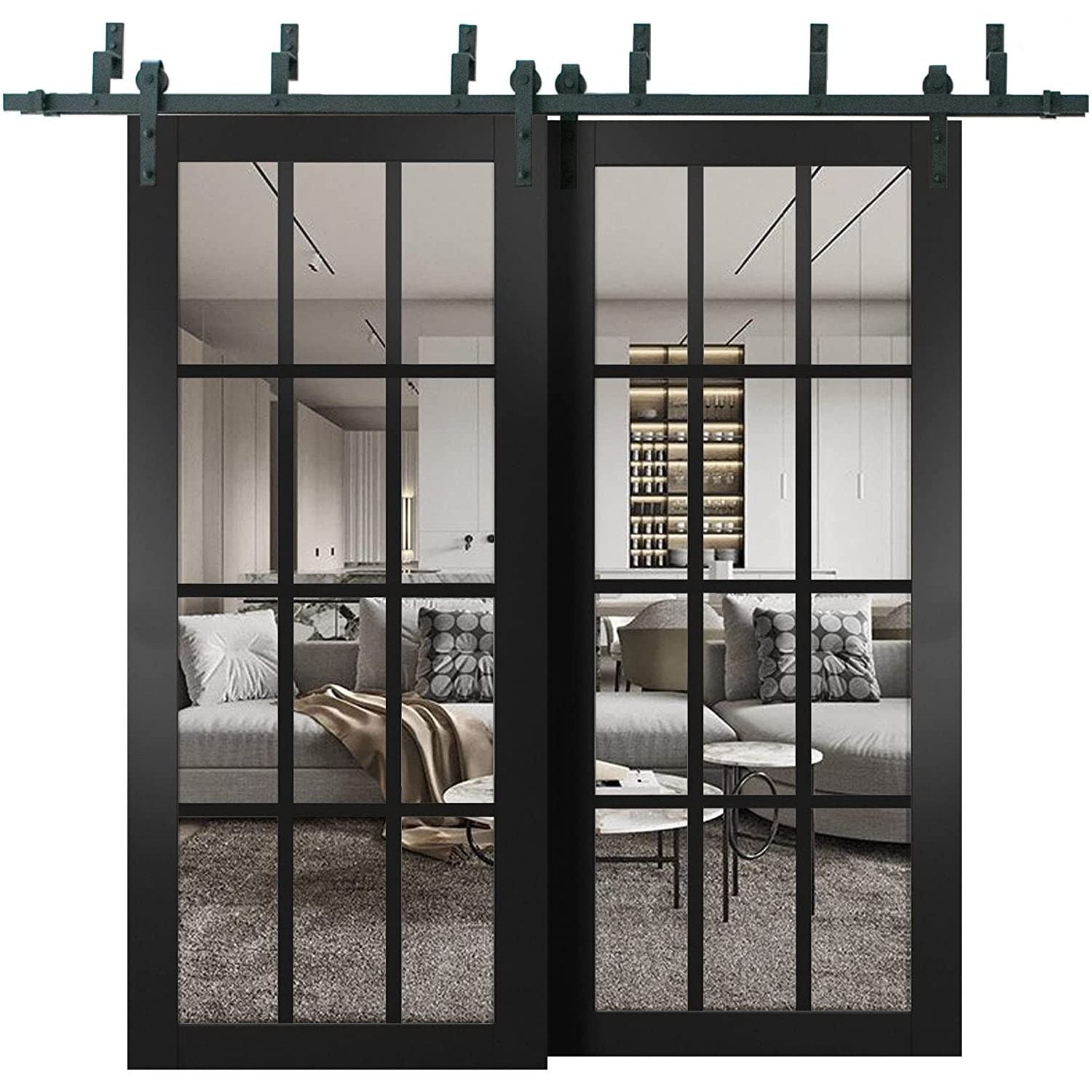 Sliding Closet Barn Bypass Doors | Felicia 3355 Matte Black with Clear Glass | Sturdy 6.6ft Rails Hardware Set | Wood Solid Bedroom Wardrobe Doors