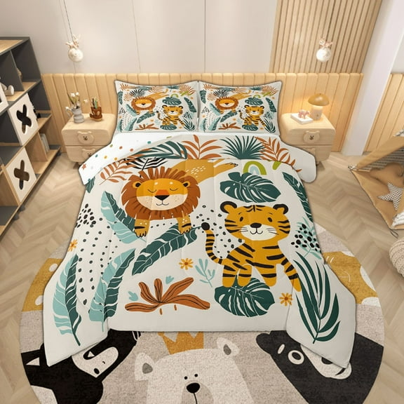 Bedding Set Cartoon Jungle Animals Comforter Set , Cute Lion Tiger Print Bedding Comforter Sets, Green Brown Palm Leaves Duvet Insert with 1 Pillowcase