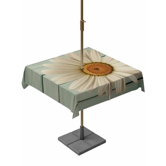 Outdoor Tablecloths with Umbrella Hole & Zipper, Daisy Flower 60x60 Inch Square Tablecloths, Modern Art Floral Farmhouse Teal Wooden Grain Waterproof Table Cloth, Patio/Pool/Picnic Table Covers