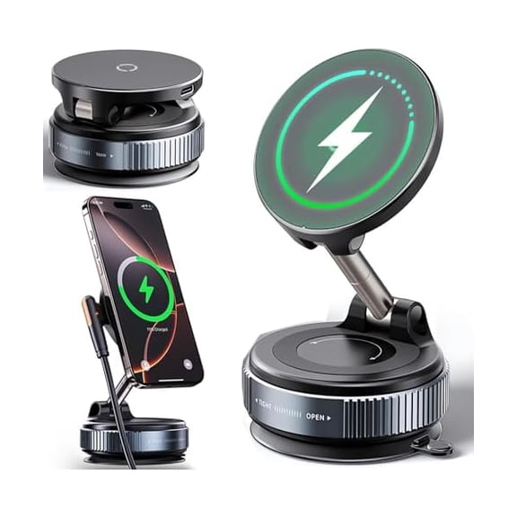 FU1999Wireless Charger Vacuum Magnetic Phone Holder for Magsafe,360° Adjustable Suction Cup Phone Mount for Car Dashboard/Windshield,Compatible with iPhone 16/15/14/13/12 Series (Wireless Charger)