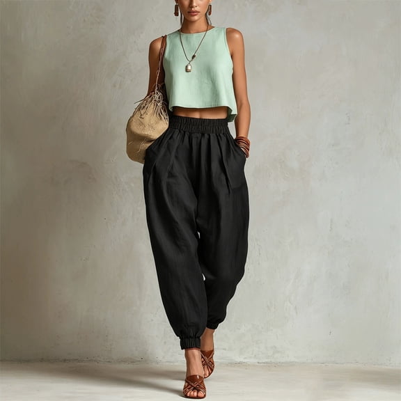 Morttic Women's Solid Color High Waist Pleated Jogger Pants – Cuffed Ankle Lantern Trousers with Side Pockets Summer Daily Wear Black,S