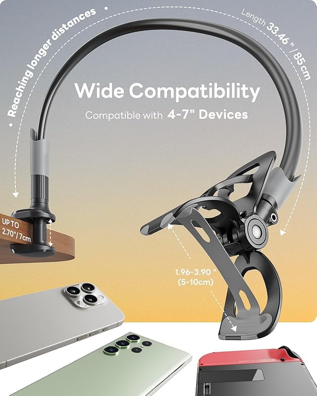 Gooseneck Bed Phone Holder, Flexible Long Arm Phone Mount for Desk, Clip Bracket Clamp Stand, iPhone Stand, Mobile Document Camera Nintendo Switch (Black)