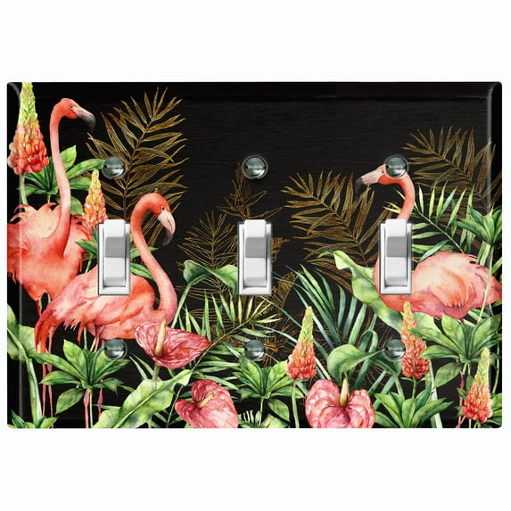 Metal Light Switch Plate Outlet Cover Tropical Pink Flamingo Flower Leaves Black FGO008