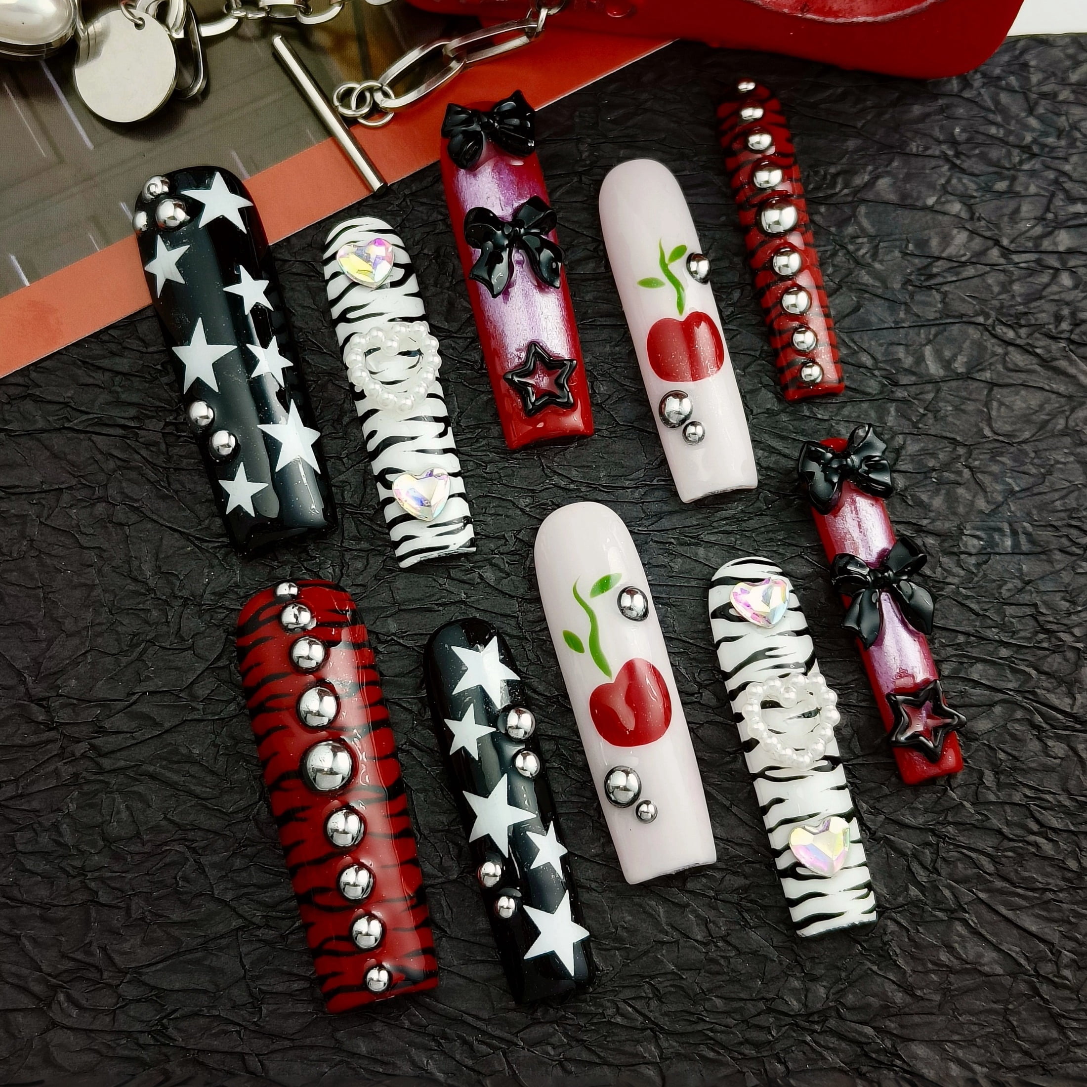 10pcs Square Long Handmade Y2K Nails - Black White Red Pink Designs, 3D Stars, Hearts, Bows & Rhinestones, Summer Cool Edgy Goth Press On Nails