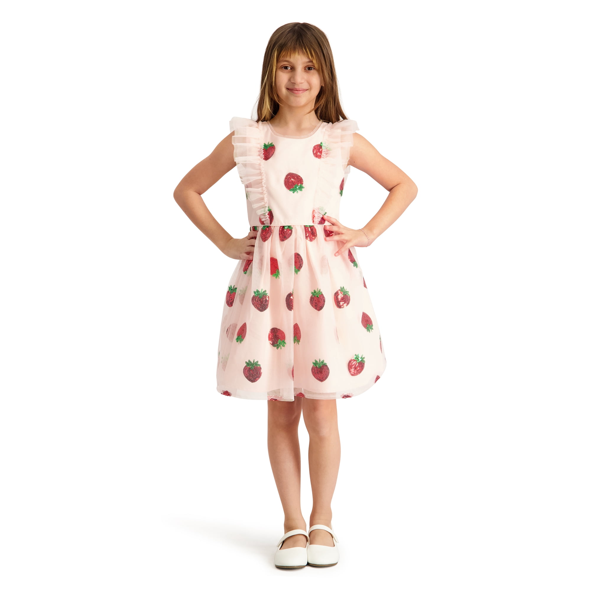 Kensie Girl Ruffle Cap Sleeve Dress with Strawberry Sequins Sizes 4-16