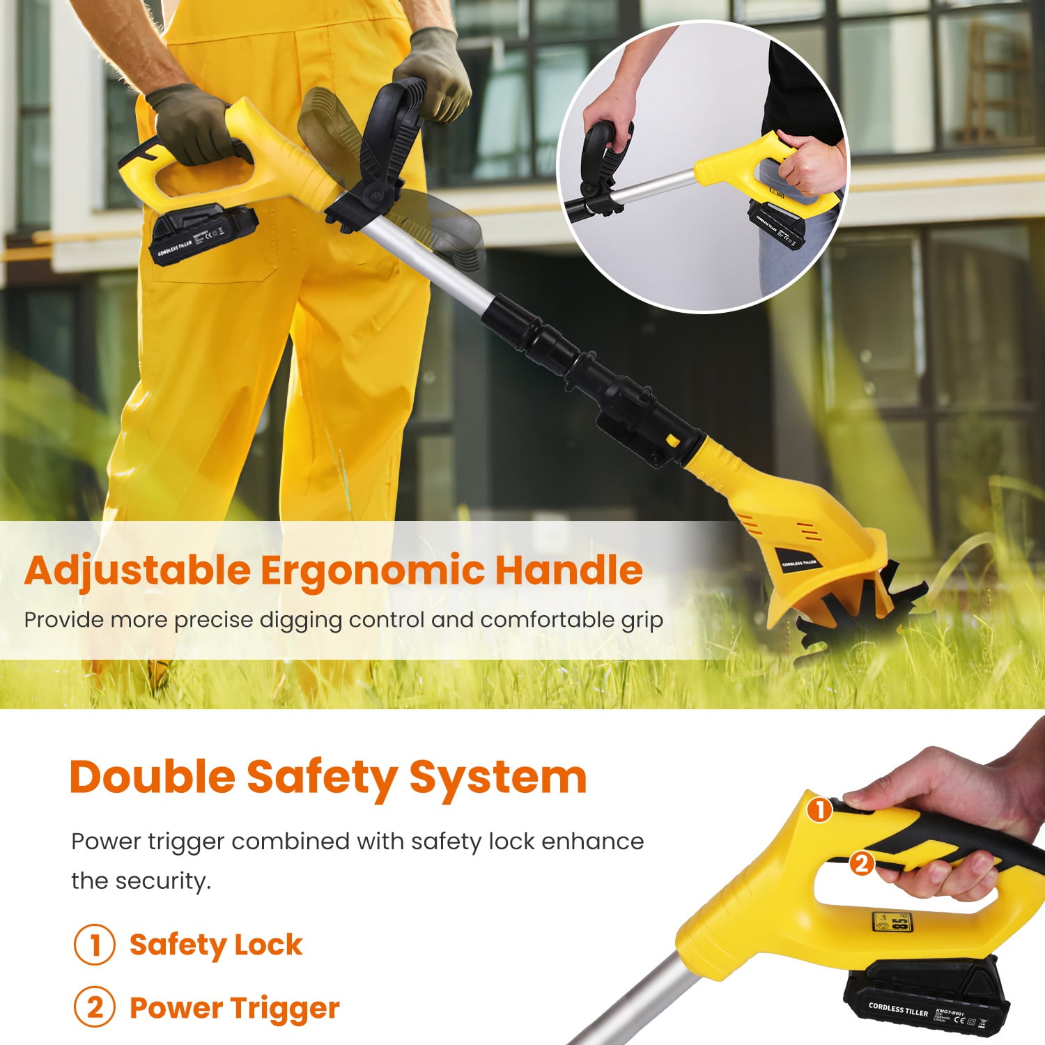 TeqHome Cordless Electric Garden Tiller 20V 2000mAh Rechargeable Battery Powered Each Side 10 Pcs Manganese Steel Blades 180° Adjustable Grip Handle Extandable Rod for Garden Yard Lawn Yellow
