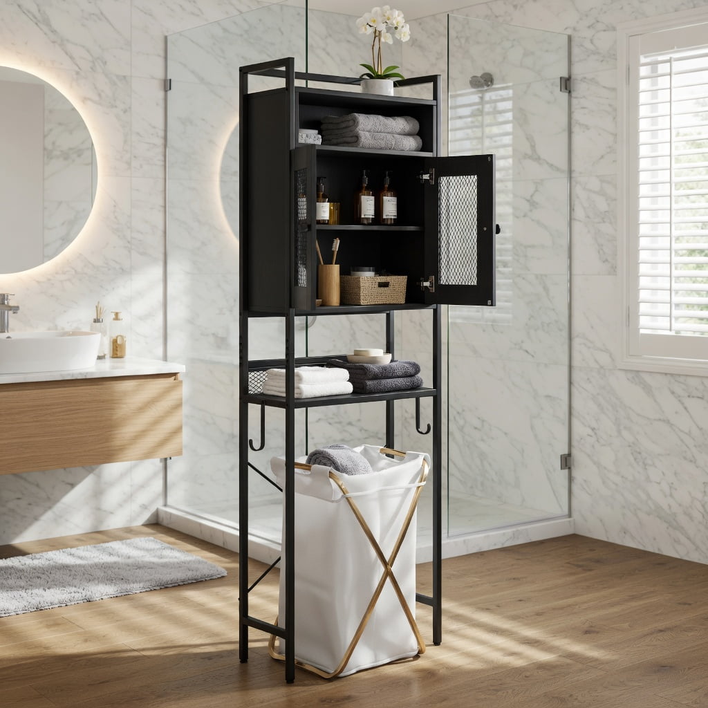 Hommoo Over-the-Toilet Storage Cabinet with Heavy-Duty Metal Frame, Farmhouse Freestanding Bathroom Organizer Adjustable Shelves, Wall-Safe Anti-Tip Design, Black