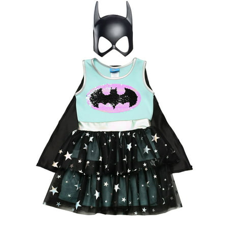 Batgirl Halloween Costume Dress Cape 2-Way Sequin & Halloween Mask 2-Piece