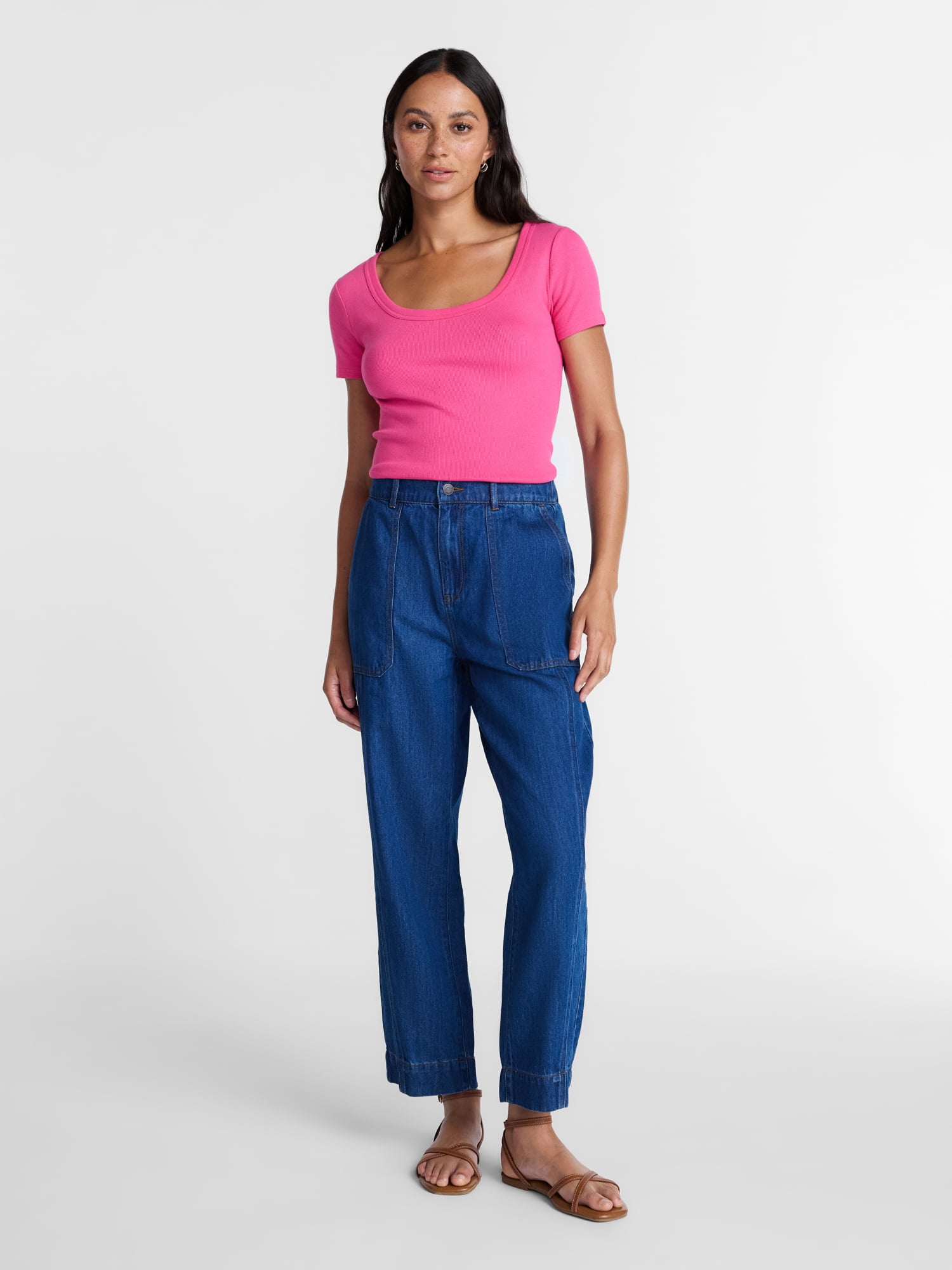 Time and Tru Women's High Rise Drapey Barrel Jeans, 28" Inseam, Sizes XS-XXXL