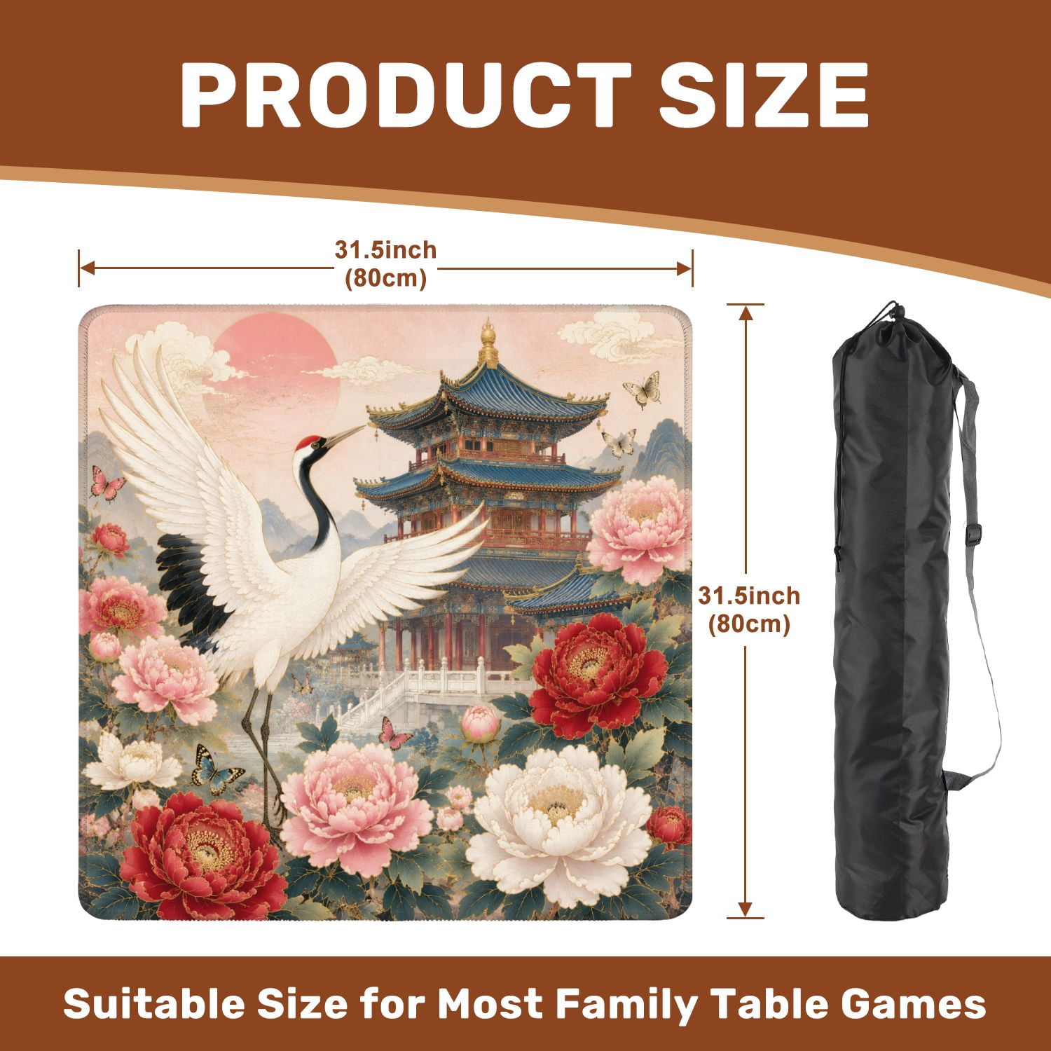 Mahjong Mat 31.5" x 31.5" Graceful Crane Blooming Peony Garden Traditional Pagoda Non-Slip Noise Reduction Chic Portable Gaming Table Cover for Family Game Night & Gift