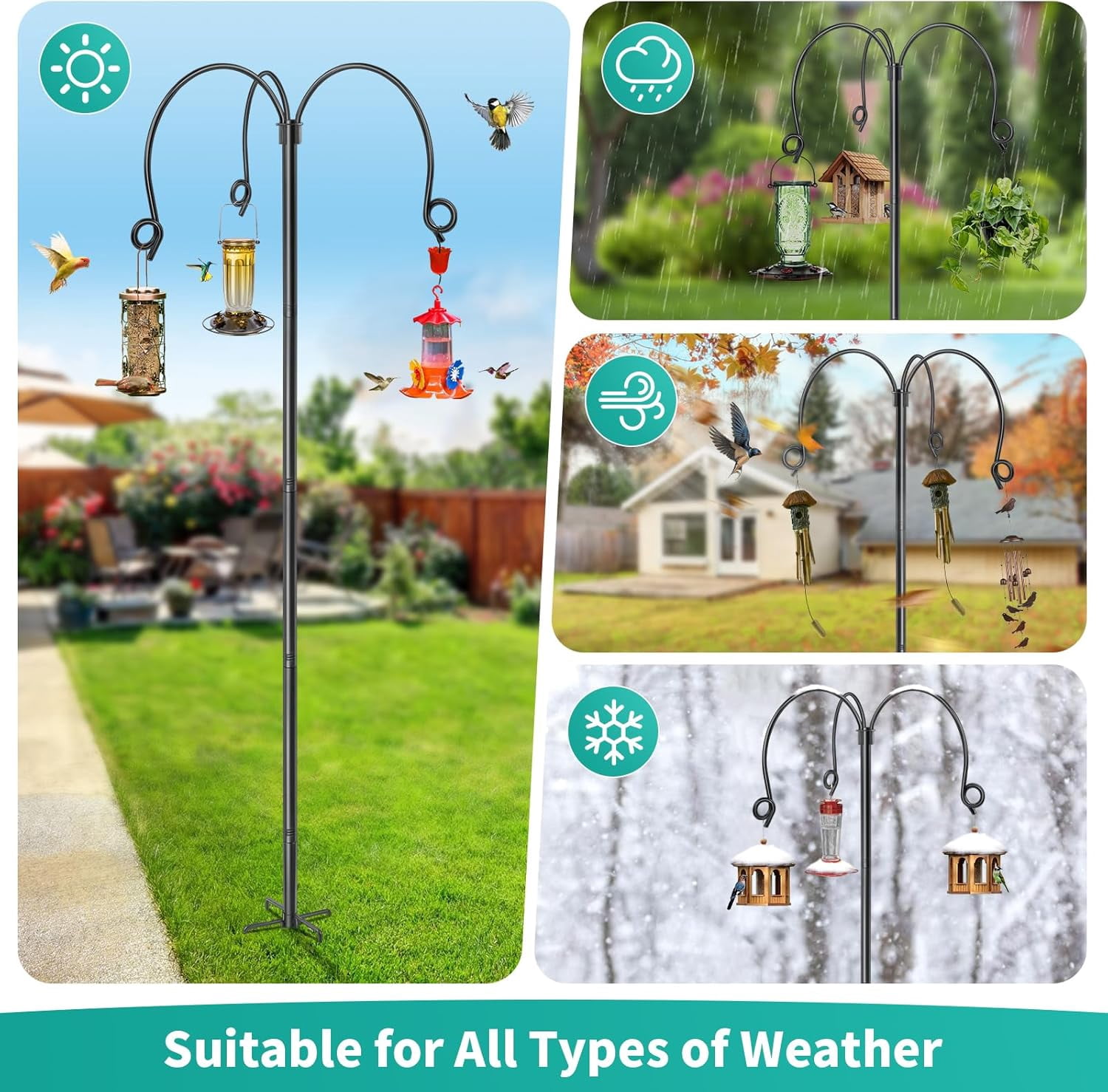 KOLAKO Bird Feeder Pole Stand, Heavy Duty Bird Feeding Station Large Metal Shepherds Hooks for Garden, Wind Proof 76 inch, Black