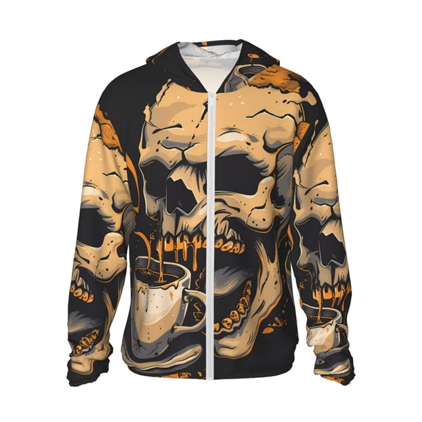 Fotbe Grim Coffee Skull Chaqueta con Protección Solar UPF 50+ para Hombre y Mujer, Camisa con Capucha y Bolsillos-XX-Large