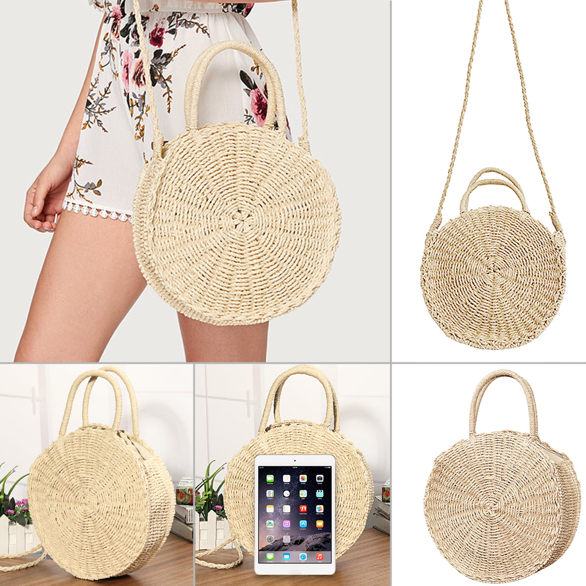 Round Straw Bag for Women Ladies Handmade Woven Large Tote Crossbody Shoulder Bag Round Summer Beach Handbags and Purse