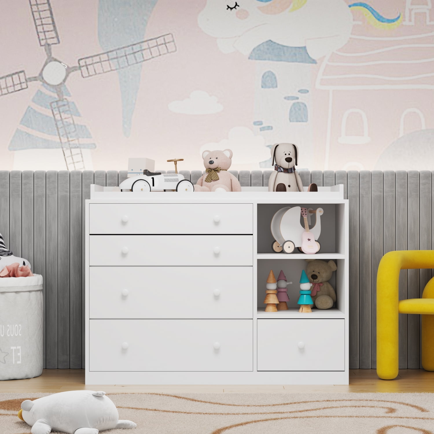 KULAGAGA 5 Drawer Universal Dresser, Storage Dresser Chest with Open storage compartment, Baby Changing Table Ideal for Nursery, Toddlers and Kids rooms