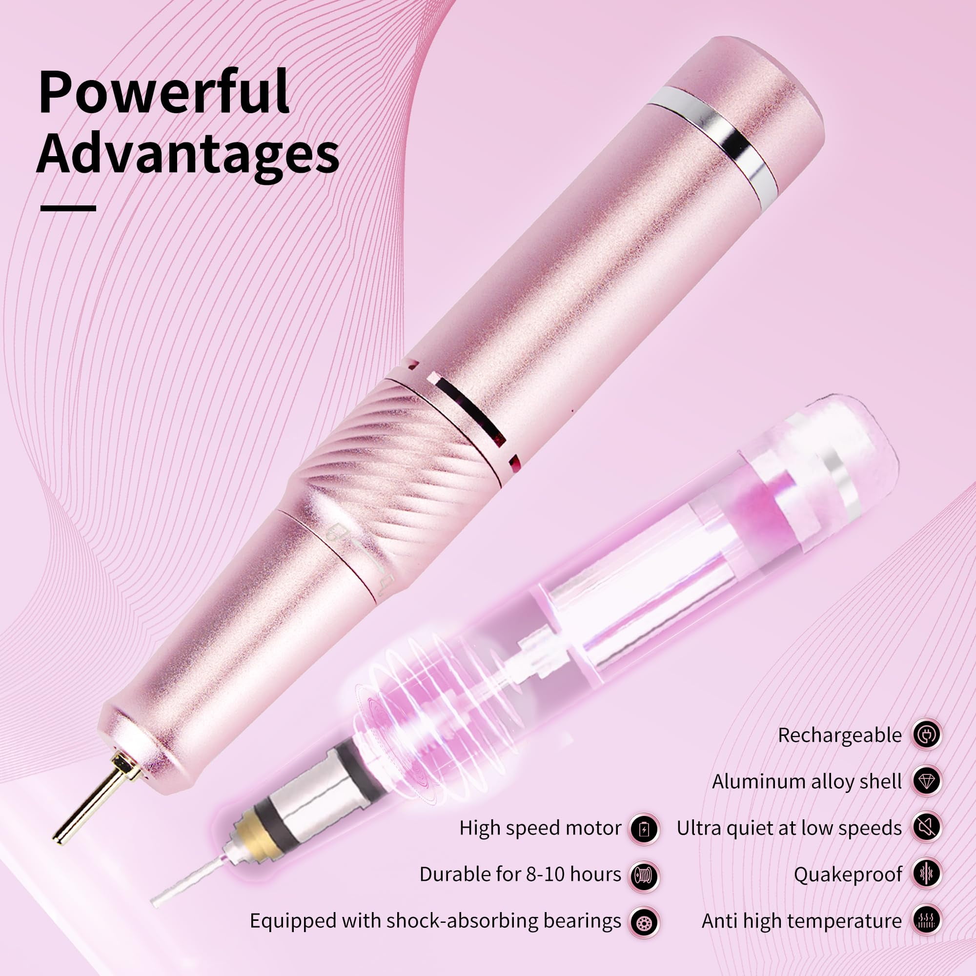 Professional Electric Nail Drill File,Cordless Portable Nail Drill 45000 RPM, Rechargeable Nail Drill Machine for Acrylic Nails Gel Polishing,Nail Kit for Manicure Salon Home(Pink)