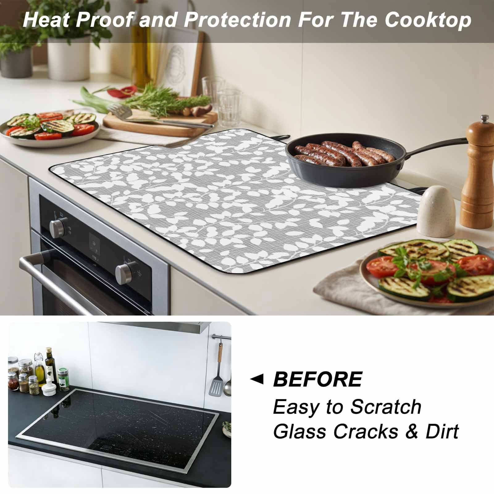 Grey White Botanical Stove Top Cover for Electric Stove, Heat-proof & Non Slip Glass Top Stove Cover Protector, Pastoral Spring Floral Summer Art Kitchen Flat Cooktop Rubber Mat 31x24 Inches