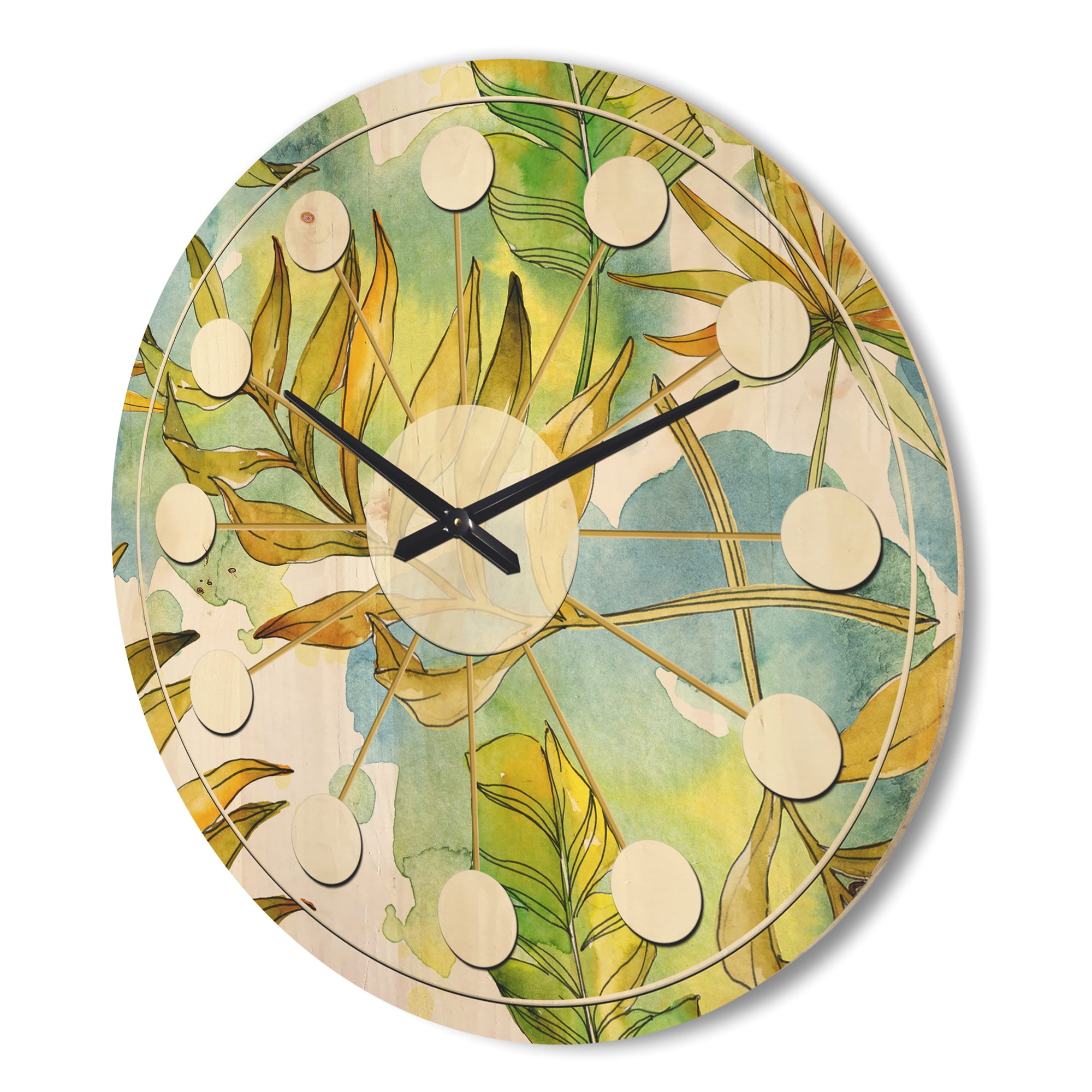 Designart 'Tropical Foliage Retro Pattern' Mid-Century Modern Wood Wall Clock
