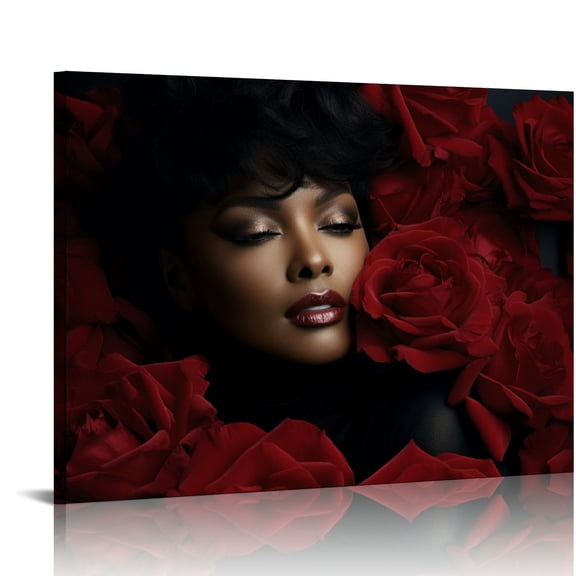 COMIO African American Wall Art Red Flower on Black Women Head Vintage Canvas Art Paintings Modern Abstract Girl Picture Home Wall Decor for Bedroom Living Room, Framed Ready to Hang