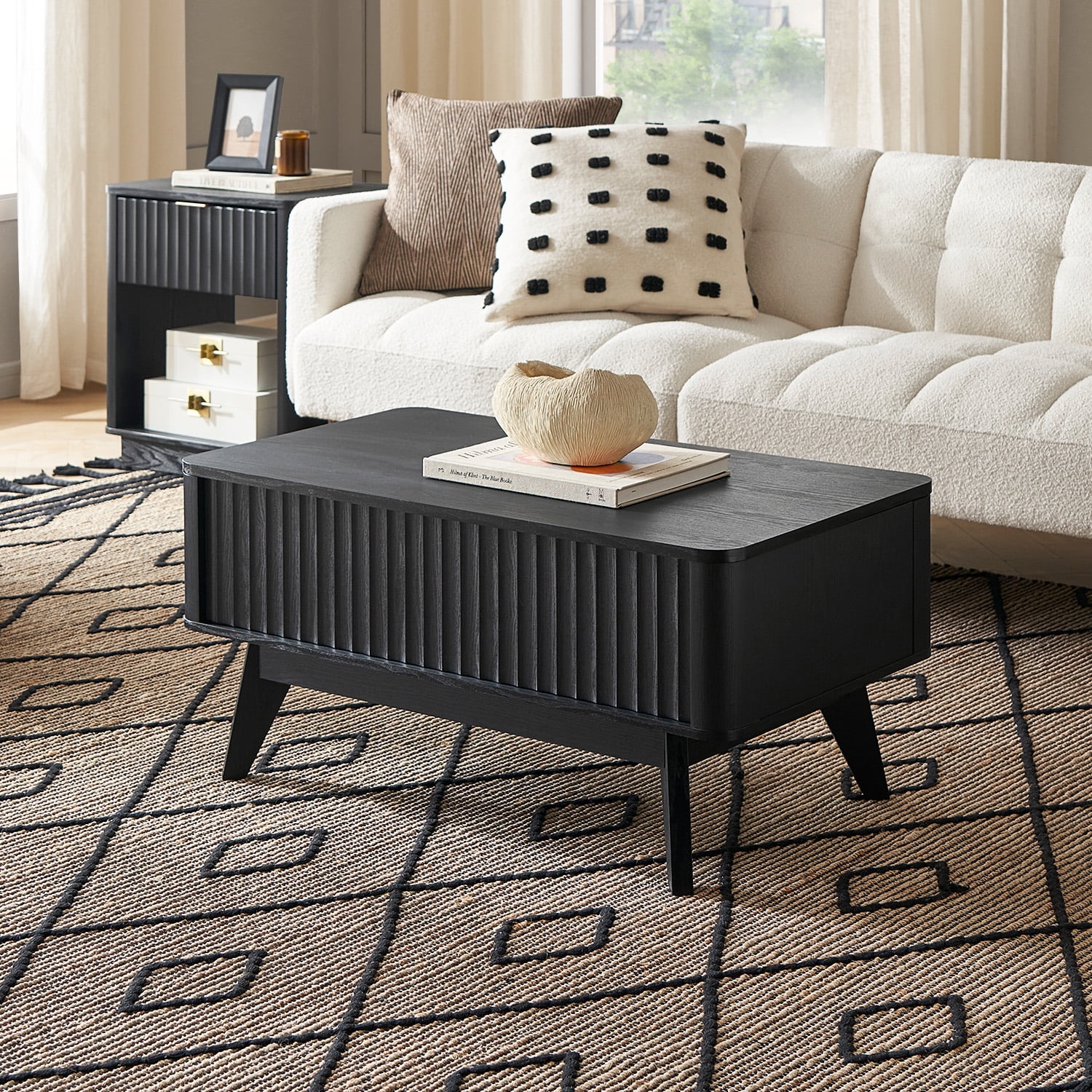 Mopio Lift-Top Coffee Table with Storage, Fluted Design, Black Oak Finish
