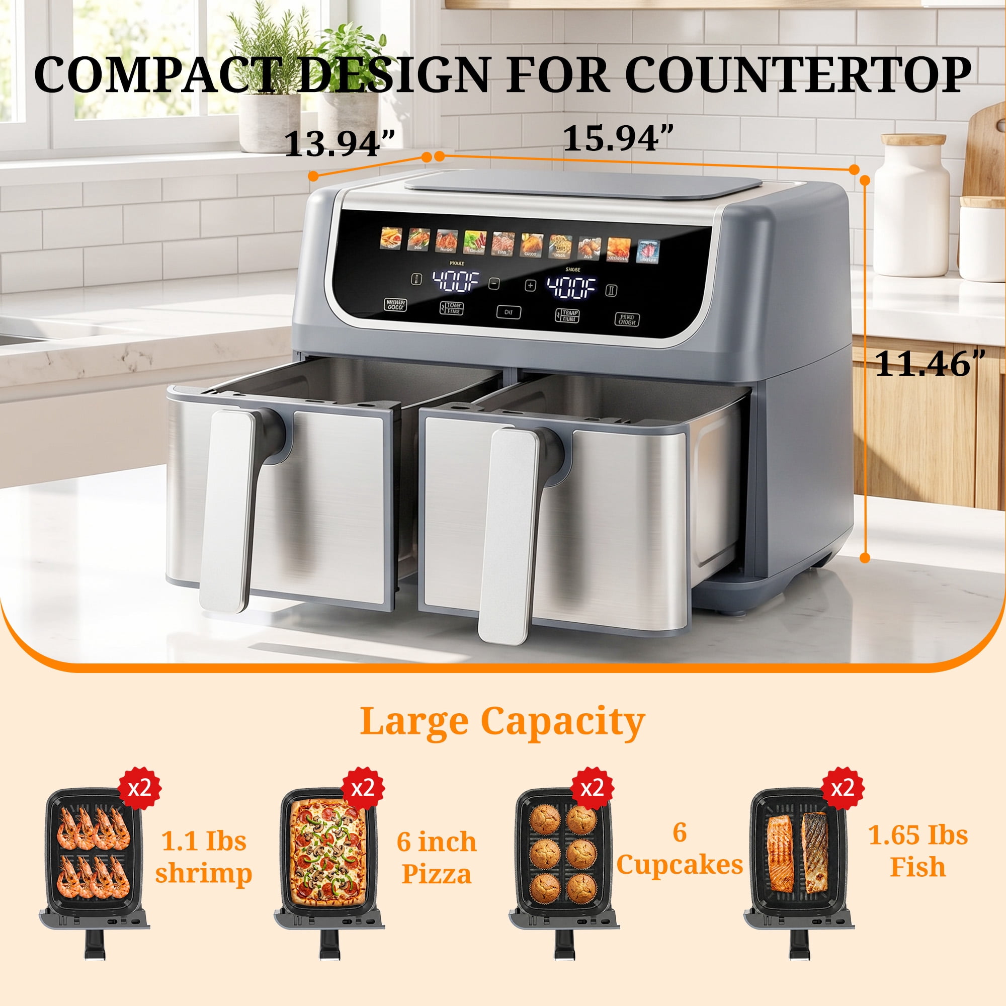 Atilioo Dual Basket Air Fryer, 9.5QT Fast Meal 10 Presets Cooker with 2 Independent 4.75Qt Basket & Sync Setting, Digital Touchcreen, Gray
