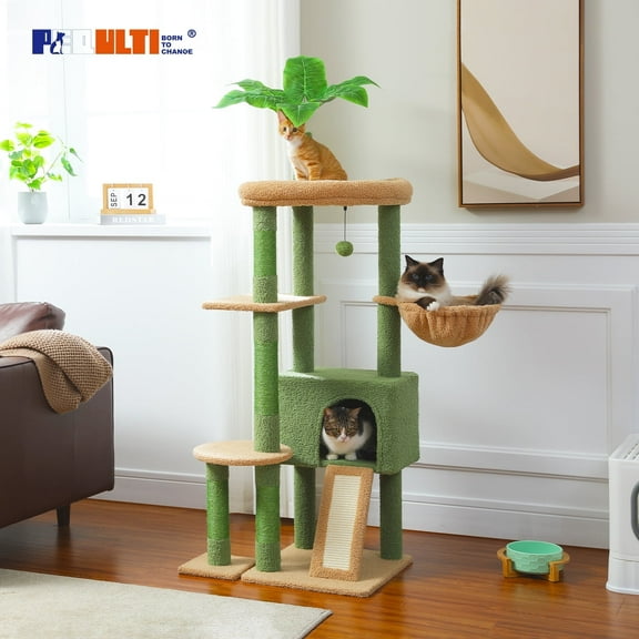 PEQULTI 53" Cactus Cat Tree for Indoor Pet Large Cat Tower with Hammock & Scratching Ladder Green