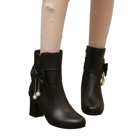 

Josdec Womens Boots Wide Width Fall Winter Bow Tassel Lorita Thick Heel Short Boots Cowgirl Boots Black 42